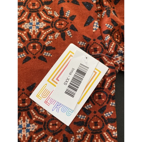 Lularoe Irma Top Shirt Tunic Short Sleeve Rust Geometric Print Oversized 2XS NWT - Picture 2 of 7